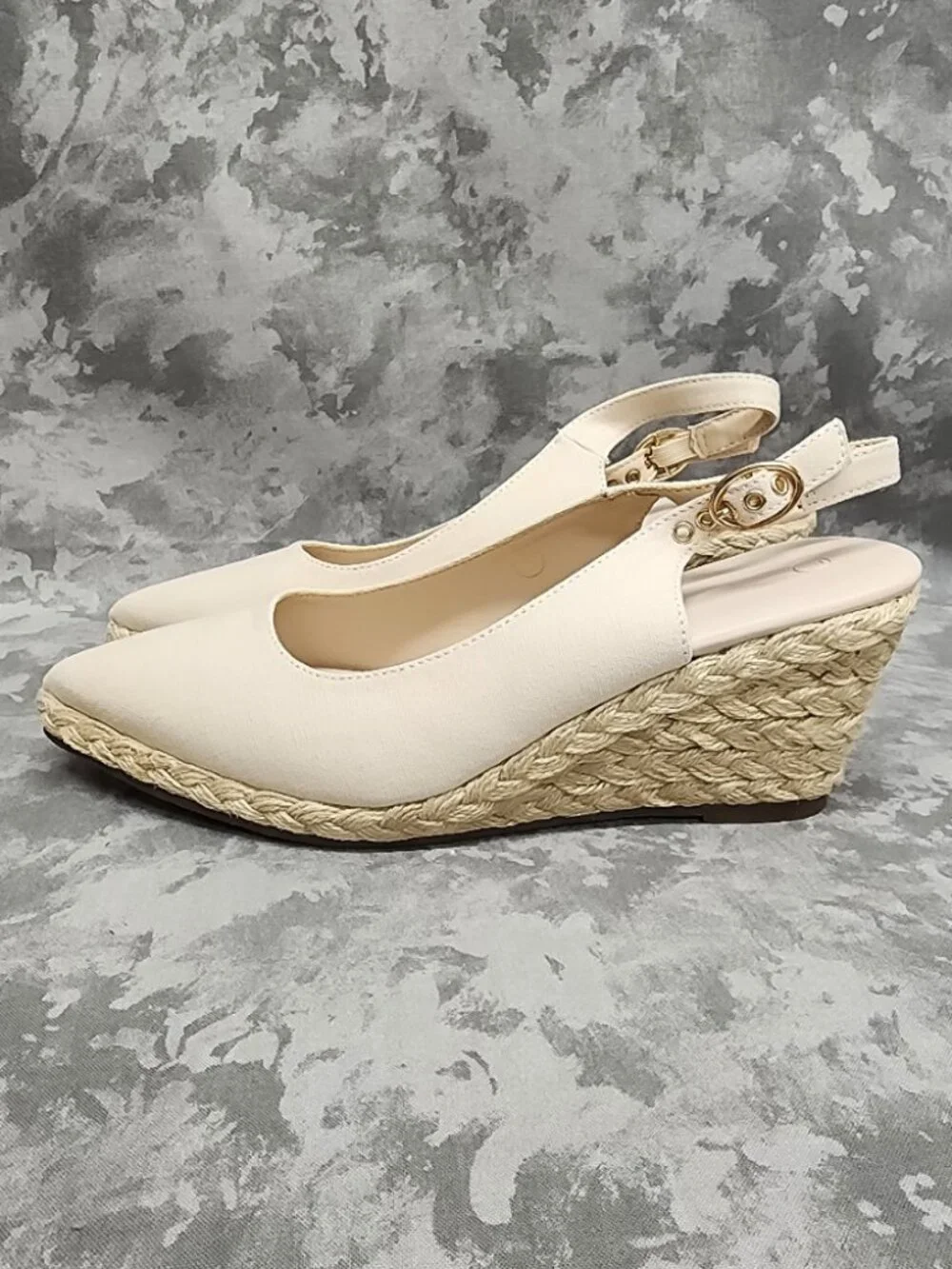 New Juliet Holy Wedge Slingback Espadrilles - Almond Toe - Cream - Size 7